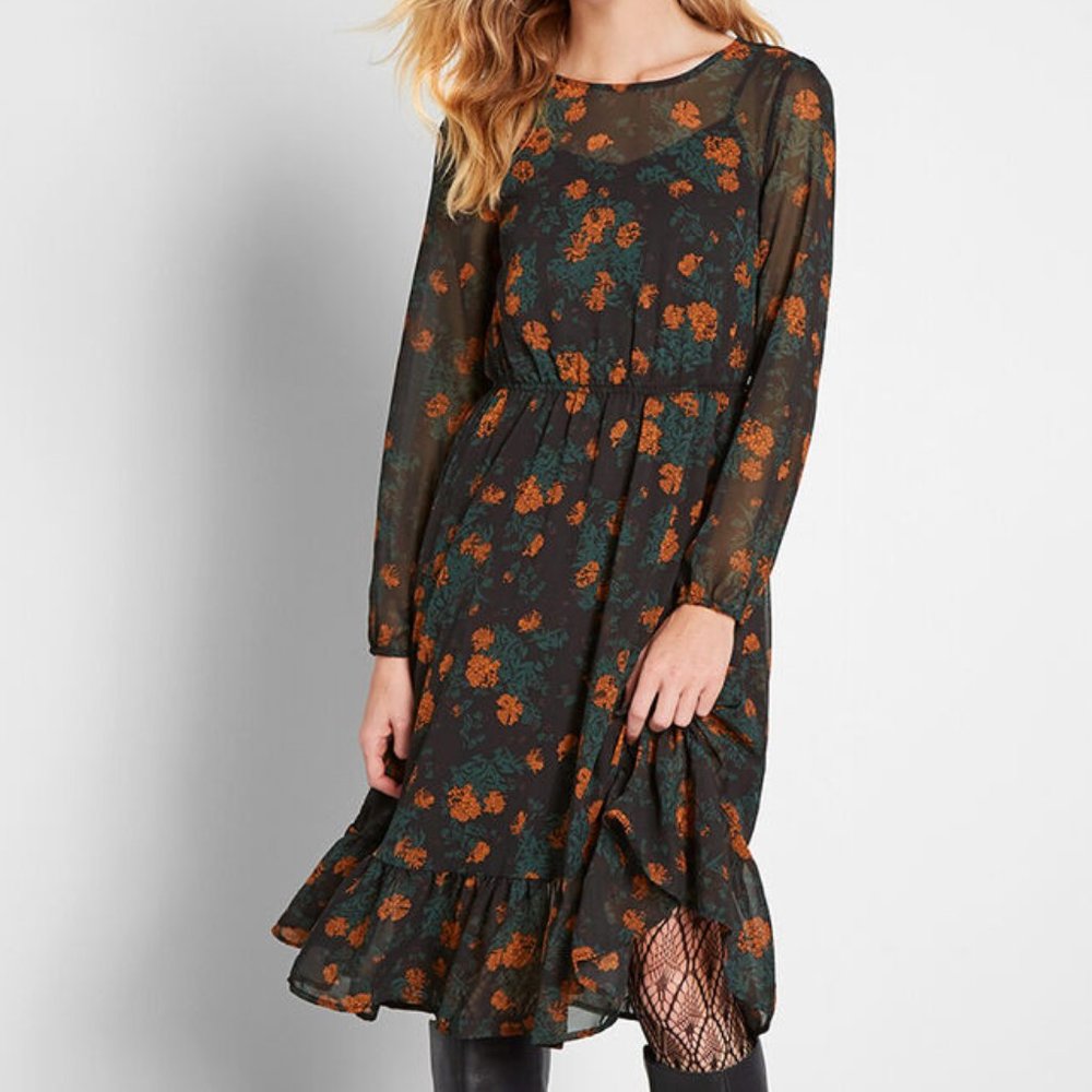 Modcloth Floral Chiffon Occasion Midi Black Dress